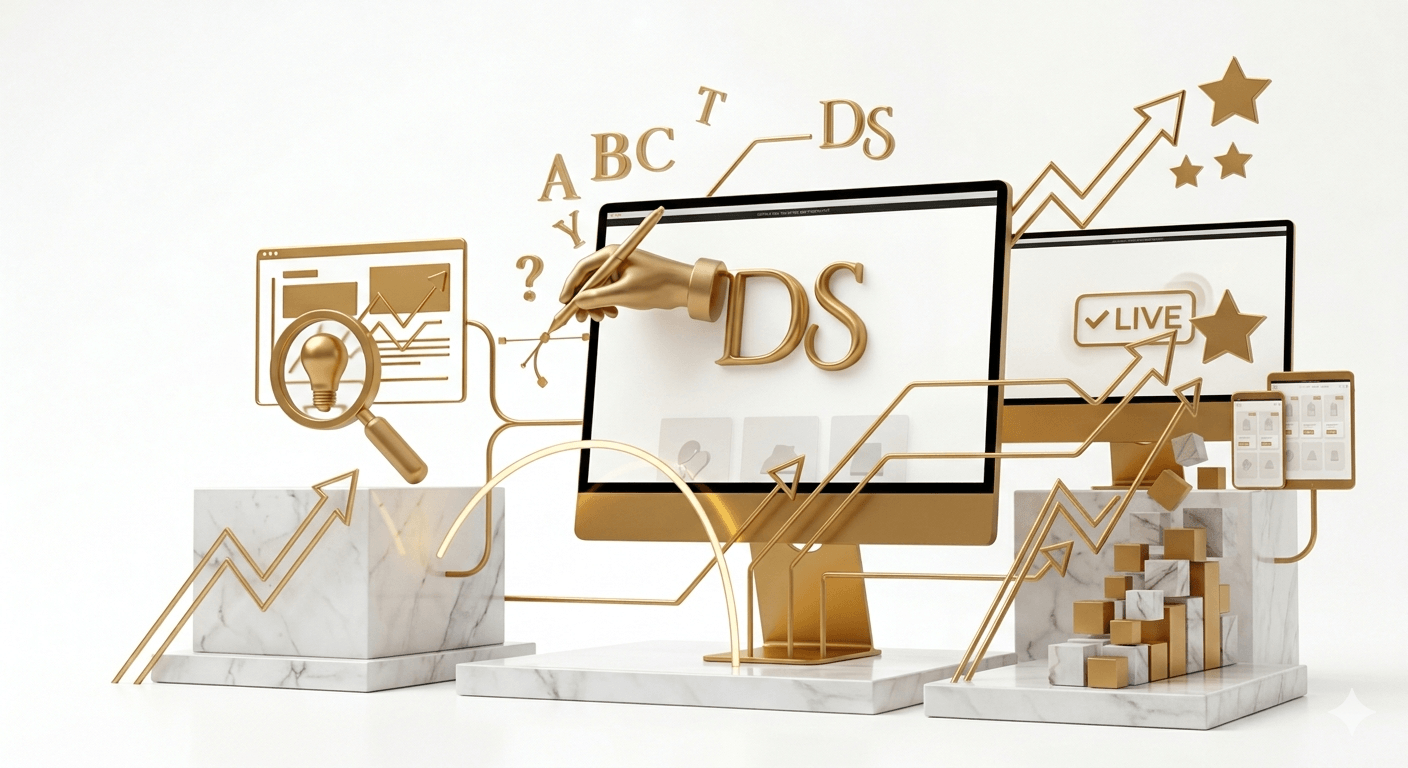 Jednoduchý proces tvorby nového webu ve třech krocích od úvodního návrhu až po ostré spuštění projektu.